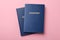 Blank blue passports on pink background, flat lay