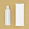 Blank brand ID elements, cosmetic or drug bottle with a cardboard box on a wooden table, 3D rendering.