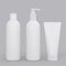 Blank brand ID elements, cosmetic or drug bottles and tube, isolated on gray, 3D rendering.