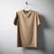 Blank Brown Cotton Tshirt Hanging Center Concrete White Empty Background.Mockup Highly Detailed Texture Materials.Clear