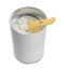 Blank can of powdered infant formula with scoop on white background. Baby milk