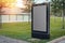 Blank canvas banner stand at park. Empty billboard advertising.