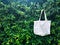 Blank canvas tote eco fabric bag hanging on green trees wall background