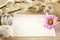 Blank card easter greetings wooden plank,eggs,catkins,feathers,pink flowe