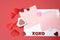 Blank card with hearts for Valentine`s Day . layout for text on a red background. On Valentine`s Day greetings and declarations