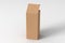 Blank cardboard tall and slim gift box with opened hinged flap lid on white background.