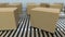 Blank carton boxes move on roller conveyors. 3D rendering