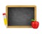 Blank Chalkboard with Pencil and Apple Isolated