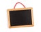 Blank chalkboard with wooden frame and red rope. Small school blackboard isolated on white