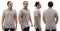 Blank collared shirt mock up template, front and back view, Asian male model wearing plain greys t-shirt isolated on white. Polo