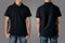 Blank collared shirt mock up template, front and back view, Asian teenage male model wearing plain black t-shirt on gray