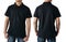 Blank collared shirt mock up template, front and back view, Asian teenage male model wearing plain black t-shirt isolated on white