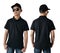 Blank collared shirt mock up template, front and back view, Asian teenage male model wearing plain black t-shirt  on white
