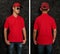 Blank collared shirt mock up template, front and back view, Asian teenage male model wearing plain red t-shirt. Polo tee design