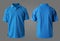 Blank collared shirt mock up template, front and back view, plain blue t-shirt isolated on grey. Polo tee design mockup