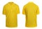 Blank collared shirt mock up template, front and rear view, plain yellow t-shirt isolated on white. Polo tee design mockup