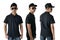 Blank collared shirt mock up template, front side and back view, Asian teenage male model wearing plain black t-shirt isolated on