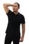 Blank collared shirt mock up template, front view, Asian male model wearing plain black t-shirt isolated on white. Polo tee design