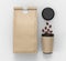 Blank Craft Brown Paper Bag Packaging For coffee beans with paper cup, dry fruits and other food items. 3d render illustration.