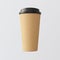 Blank Craft Paper Coffee Cup Empty White Background.One Take Away Cardboard Mug Closed Black Cap Isolated.Retail Mockup