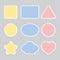 Blank cute colorful frames including square, rectangle, triangle, circle, ellipse, scalloped circle, star, cloud and heart shapes.