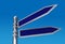 Blank directional road signs in sky