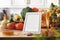 Blank electronic device on kitchen for preparing healthy dishes front