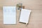 Blank or empty note book and pencil with book bank account and c