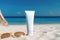 Blank empty white plastic tube Sunscreen lotion on sand, AI generated