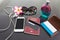 Blank or empy credit or debit card and smartphone with background of perfume, sunglasses, flower ,blank business card and passport