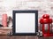 Blank frame, craft style Christmas decor and red lantern