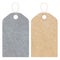 Blank gift tag labels for sale prices. Texture of realistic brown yellow and white gray kraft carton paper material with a rope.