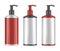 Blank glossy bottle with pump dispenser, realistic vector illustration. Cosmetic product packaging set