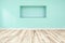 Blank green blue wall interior with ligt shadow from windows for design