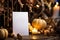 Blank Halloween card or invitation in autumn tones. Halloween background with pumpkins, candles and blank paper sheet with space