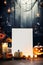 Blank Halloween card or invitation. Holiday vertical background with Halloween pumpkins, candles and blank paper sheet with space