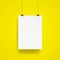 Blank Hanging poster with clip and wire mockup vector on yellow