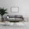 Blank horizontal picture frame mock up in modern minimalist living room interior with gray sofa and palm tree, living room