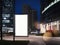 Blank illuminated banner near to skyscrapers and parking. 3d rendering