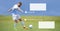 Blank infographic panels and Soccer player kicking football on grass