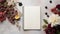 Blank leatherbound journal notebook on a summer farm table. Diary writing in peaceful surroundings.