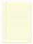 Blank lined yellow paper sheet from notebook on white background with blue lines, margin, holes and drop shadow with copy space