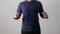 Blank long sleeved shirt mock up template, front view, Asian man wear plain dark navy blue t-shirt isolated on white. Tee design