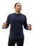 Blank long sleeved shirt mock up template, front view, Asian man wear plain dark navy blue t-shirt and pointing himself