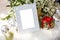 Blank luxury grey photo frame with home decor christmas theme for add text.