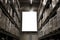 Blank mockup advertising with copy space on the wall of the warehouse storage with rows of shelves with goods boxes