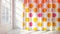 Blank mockup of a playful polka dot shower curtain in shades of pink orange and yellow.