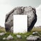 Blank mockup of poster billboard on large, cracked boulder surrounded by a field of wildflowers AI generation