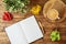 Blank notebook, coffee cup, plant and crumpled paper on wooden office desk. Home workplace, freelancer and blogger concept