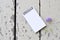 Blank notepad and violet flower on rustic plank wood background